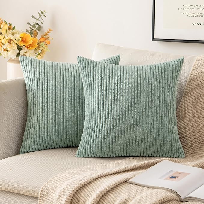 MIULEE Soft Corduroy Throw Pillow Covers Set of 2 20x20 Greyish Green | Decorative Striped Textured Cushion Cases, Boho Natural Greenery Pillowcases, Home Decor for Couch Chair Sofa Living Room