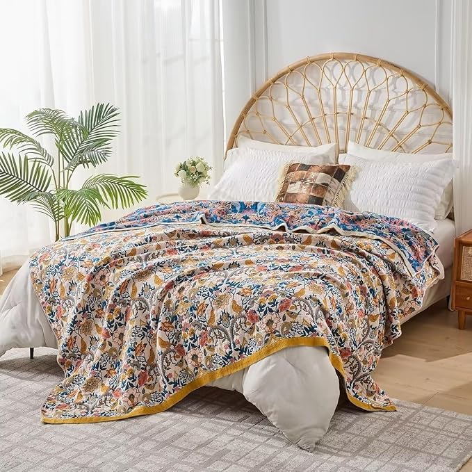 Boho Throw Blanket Farmhouse Decor Throw Blanket Bohemian Blanket for Bed 100% Cotton Muslin Woven Couch Blanket All Seasons Quilt Bedroom (A-Whiite, 50"x60")