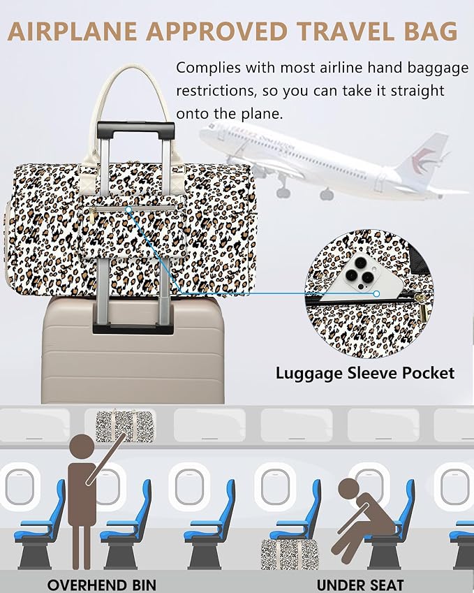 Women Weekender Travel Duffle Bag: Travel Duffel Overnight Bags with Shoe Compartment Large Carry on Tote with Toiletry Bag Weekend Traveling Yoga Gym Hospital Bag for Women with Wet Pocket Leopard