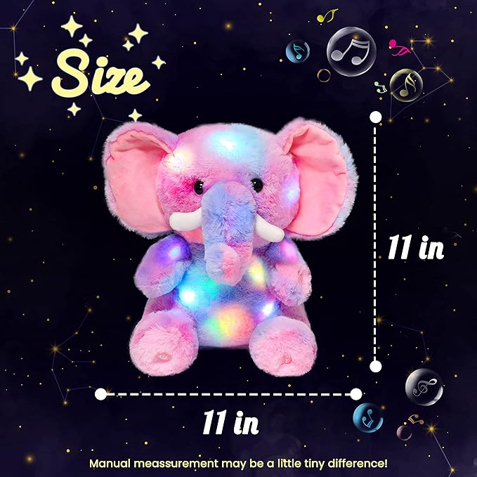 Hopearl Colorful LED Musical Stuffed Elephant Lighting Up Singing Plush Elephish Adjustable Volume Lullaby Animated Soothe Birthday Festival for Kids Toddlers, Rainbow, 11''