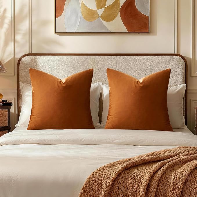 GIGIZAZA Burnt Orange Velvet Throw Pillow Covers Big 26x26 Pack of 2 | Decorative Pillows for Couch,Euro Sham,280gsm Soft Textured Fabric,Modern Pillowcases,Luxury Cushion Covers