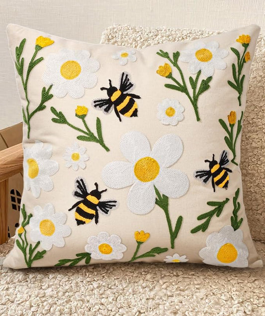 Embroidered Throw Pillow Cover 18x18 Inch, Flower Bee | Decorative Pillow Cover, Floral Farmhouse Cushion Case with Hidden Zipper, Home Decor for Couch, Sofa, Living Room, Bedroom