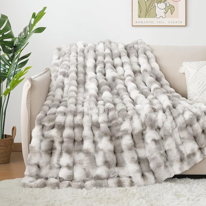 Luxury 1000GSM Faux Rabbit Fur Throw Blanket, Super Heavy Warm Cozy Grey Blankets for Couch Bed Sofa, Ruched Plush Fuzzy Elegant Soft Reversible Mink Blanket for Living Room Bedroom