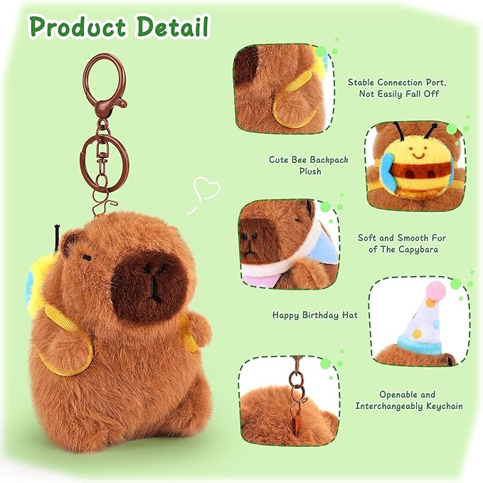 Achwishap 2PCS Capybara Plush Keychain,Cute Keychain Capybara Stuffed Animal,Soft Capybara Plush Toys Key Chain,Kawaii Plushie Stuffed Toys for Kids Adults(Bee Backpack,Birthday Capybara)