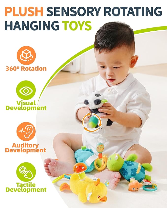 Jollybaby Baby Rattles & Soft Plush Hanging Toy for Stroller Crib car seat and Play Gym, Sensory Developmental Vibrating Toys for Newborn, Baby Christmas Stocking/Socks Stuffers Gifts - Turtle