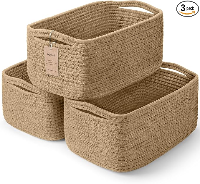3 Pack Small Storage Baskets for Organizing, 11.8×7.8×5.1", Brown | Woven Baskets for shelves, Cotton Rope Basket for Gifts Empty, Closet Organizer Bins with Handles, Cube Decorative Box