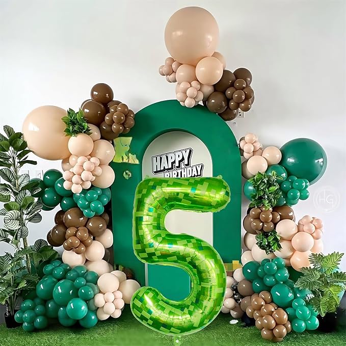Foil 5 Balloons Number, 40 Inch Dark Kelly Green Pixel Number 5 Balloon for Boys, Big Lime Green Self Inflating 5 Balloon for Kids 5th Birthday Video Game Forest Golf Patrick's Day Party Decorations