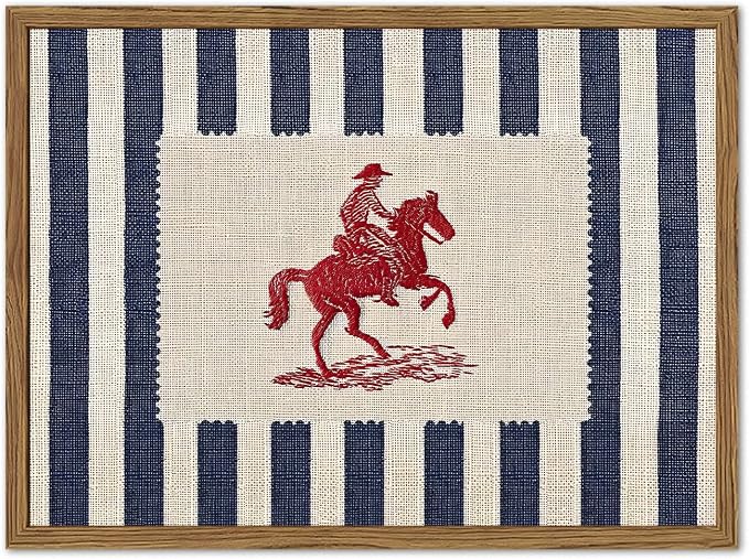 Vintage Western Wall Art Mid Century Striped Cowboy Wall Decor Painting Blue and White Southwest Poster Canvas Print for Bedroom Lving Room 16x24 inch Wood Framed