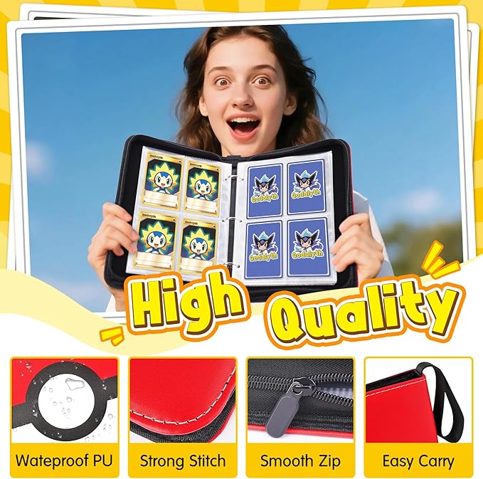 4 Pocket Card Binder with Zipper, Holds 400 Cards, PU Trading Card Album with 5 Hard Plastic Sleeves,Double-Sided Design. Great for Game Cards and sport card