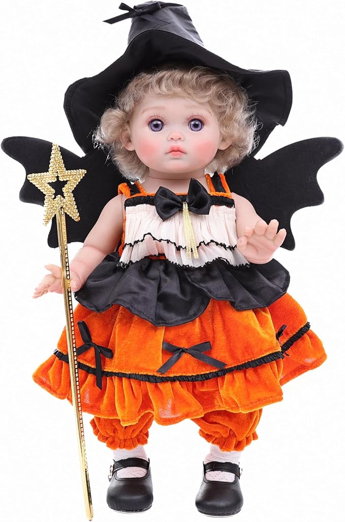 Halloween Reborn Toddler Dolls – 18 Inch Realistic Toddler Doll Girl Full Body Vinyl with Purple Eyes & Witch-Inspired Outfit – Gift-Ready for Girls, Collectors & Seasonal Display