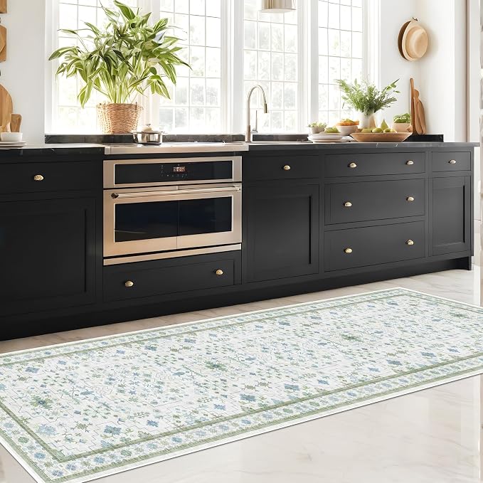 Hazo Haus Oushak Wide Hallway Runner Rug 2'6"x10' - Vintage Turkish Floral, Washable Low Pile Non Slip 10ft Wide Runners for Kitchen, Hall Way - Blue and Green