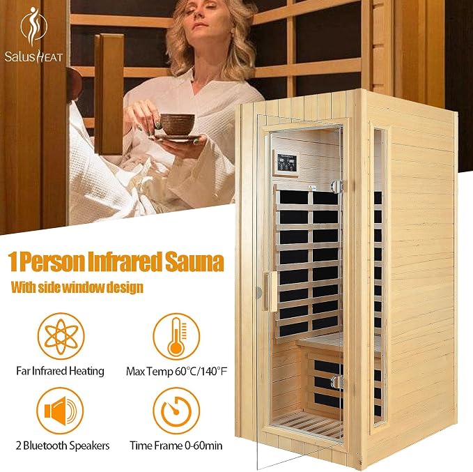 Far Infrared Sauna 1 Person Infrared Sauna Room Canadian Hemlock Wooden Sauna for Home, 1300W Low-EMF Indoor Saunas with Control Panel, Bluetooth Speakers, LED Reading Lamp, Tempered Glass Door