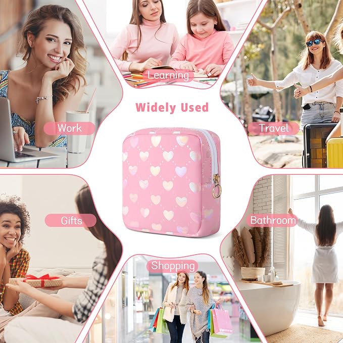 Likesing Period Bag Pouch, Leather Sanitary Napkin Storage Bag for Girls Womens, Portable Sanitary Napkin Period Pad Pouch Bag for Purse, Small Make Up Bags(Pink LOVE)