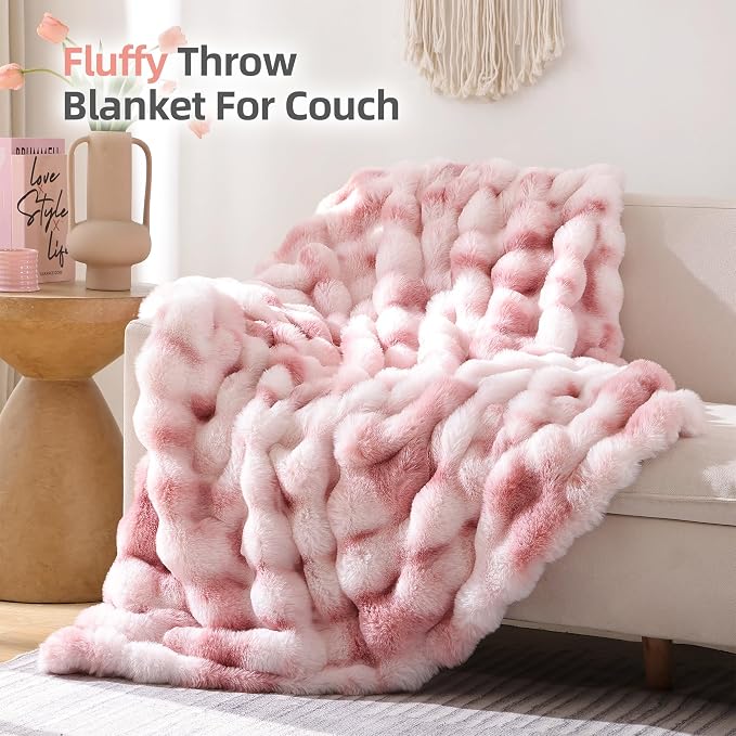 Faux Fur Throw for Couch - Tie-dye Pink Bubble Blanket 60"x80" | Fluffy Plush Fuzzy Throw for Sofa & Bed, Super Soft Cozy Comfrt Blanket, Luxury Aesthetic Pink Decor Gift for Women
