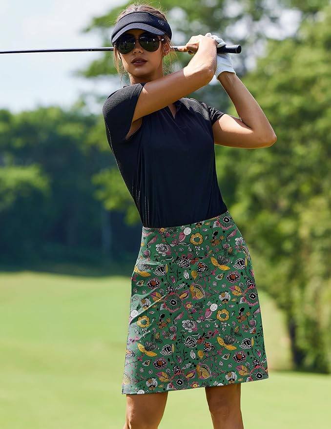 PINSPARK 20" Skorts for Woman Knee Length UPF 50+ Golf Skirts | 4 Pockets, Built-in Shorts, High Waisted, Split Hem, Silky-smooth, Moisture-wicking, for Golf Athletic Tennis Workout Casual