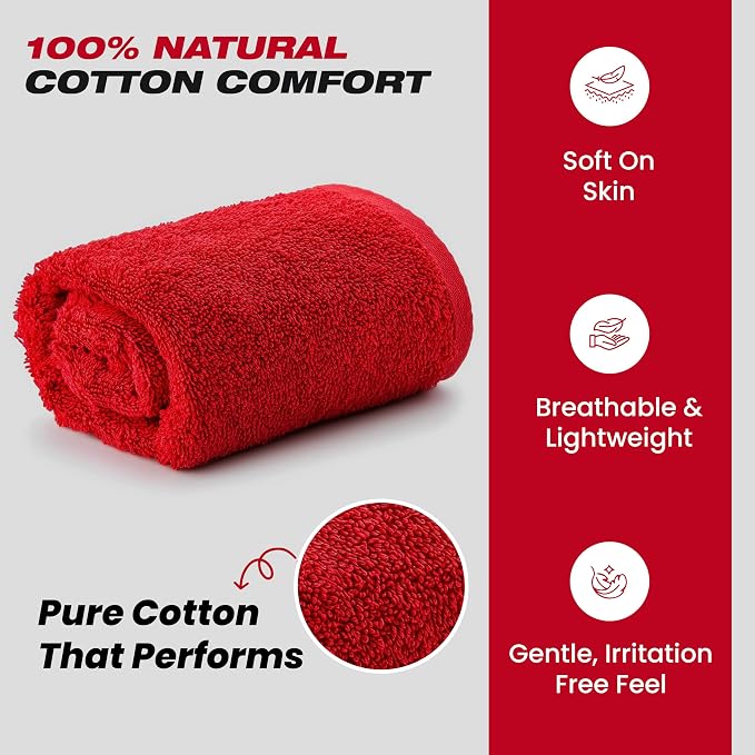Sports Towel - Double Pack (2 Pieces), 12"x51", Red, 100% Cotton - Oeko-Tex Certified, Very Absorbent and Quick-Drying, for Fitness, Gym and Yoga