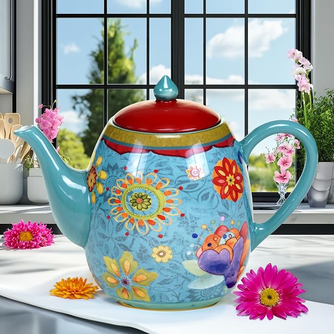Tunisian Sunset Ceramic Teapot – 40 oz. Blue Floral Boho Teapot with Lid, Bright Multicolor Folk-Inspired Design for Tea Lovers, Entertaining & Eclectic Kitchen or Gift Giving