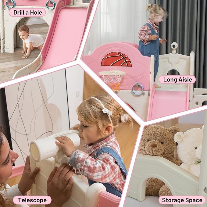 NYEEKOY 9 in 1 Toddler Slide, Bus-Themed Kids Slide and Climber Playset with Basketball Hoop, Ring-Toss, Car Playhouse, Toy Telescope, Freestanding Indoor and Outdoor Playground for Baby Age 3+