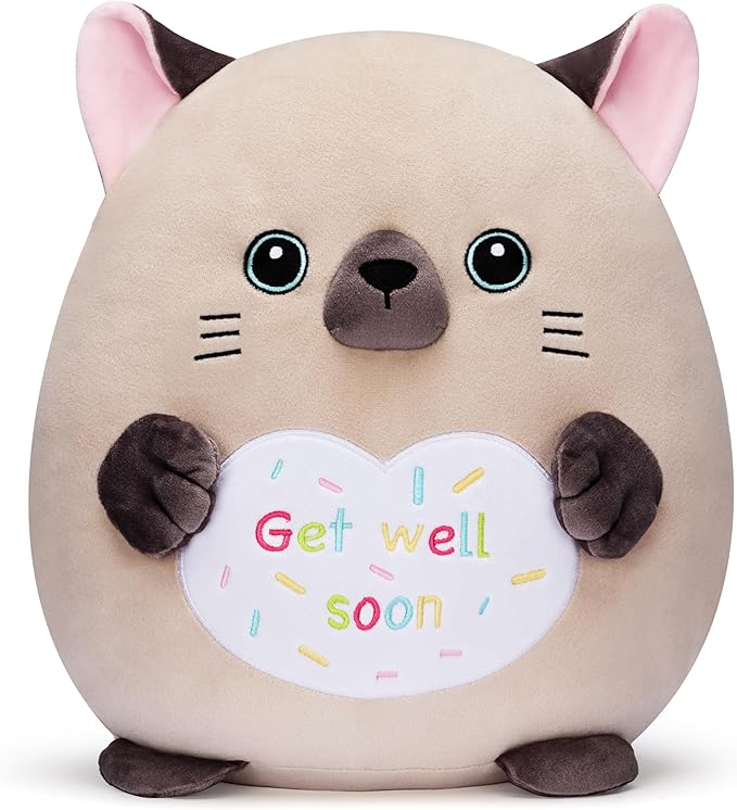 Get Well Soon Siamese Cat Large Plush Pillow Stuffed Animal Toy Patient Feel Better,12.5" Big Size Cute Plushie,Gift for Kids Women Girls