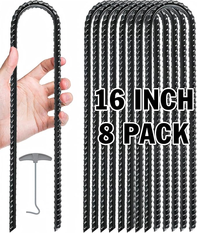 Gtongoko Trampoline Stakes, Trampoline Accessories, Ground Stakes Heavy Duty with T Hook, Ground Anchors, Rebar Stakes, High Wind Tent Anchors, Galvanized Steel, U Shaped, Black
