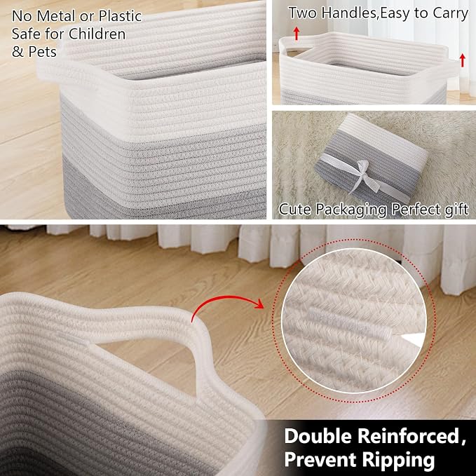 OIAHOMY Woven Storage Basket, Cotton Rope Baskets for Toys,Towel, Clothes, Used to Bathroom,Living Room,Nursery,Bedroom, 16"x12"x10"- Pack of 3, Gradient Gray