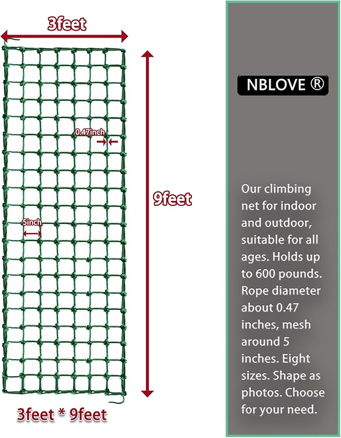 Outdoor & Indoor Premium Climbing Net - 8 Sizes Polyester Fiber. Easy Install with Extras. Handcrafted & Practical. Ideal Gift. (3ft x 9ft)