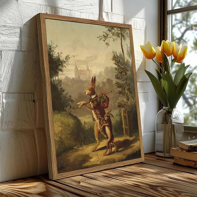 Funny Rabbit Wall Art Whimsical Bunny Wall Decor Painting Vintage Cottagecore Easter Animal Poster Canvas Prints Hare Family Picture Artwork for Living Room Bedroom 12x16 inch Wood Framed