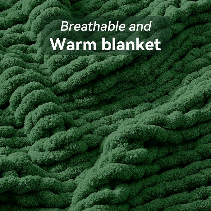 Negwoo Chunky Knit Throw Blanket, Knitted Throw Chenille Yarn, 80"*90" | Soft Thick Cable Knitted Blankets, Handmade Big Thick Blanket, Machine Washable Cute Comfy Blanket for Home Decor,Grass green