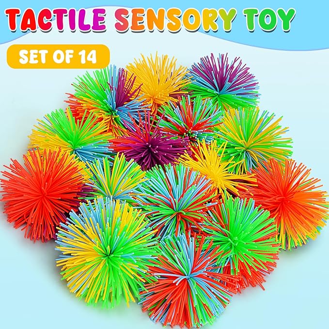 14PCS Stringy Balls, Sensory Stringy Ball, 2.75 inch Soft Rainbow Pom Bouncy, Stocking Stuffers for Kids, Monkey Pom Balls Fidget Toys Stress Ball, Birthday Gifts for Boys Girls Ages 3+