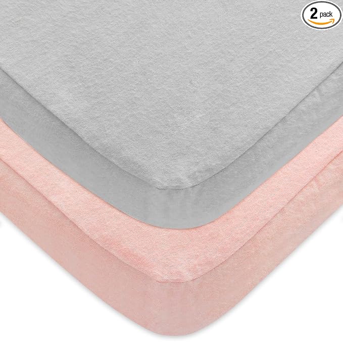 Pack and Play Sheets 2 Pack, 100% Cotton Flannel, Fitted Portable Mini Crib Sheet for Girls Boys, Ultra Soft Breathable Convertible Playard Mattress Cover Warm, Grey&Pink