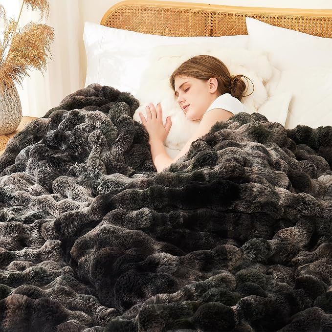 L'AGRATY Faux Rabbit Fur Throw Blanket for Couch, 50'' x 60'', Tie-Dye Gray | Soft Cozy Bubble Fluffy Blanket for Sofa Bed, Thick Warm Plush Fuzzy Throw for Room Home Decor, Luxury Gift for Women Mom