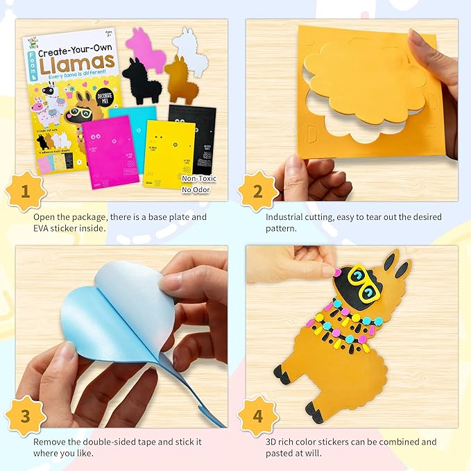 VKPI 4 Pieces EVA Foam Art Crafts Gift Kit, Creative Make Your Own Llamas, Cartoon Foam Paper Craft Projects for Kids Ages 4+ Toddler, Preschool Learning Toy for Birthday Party Favor Supplies