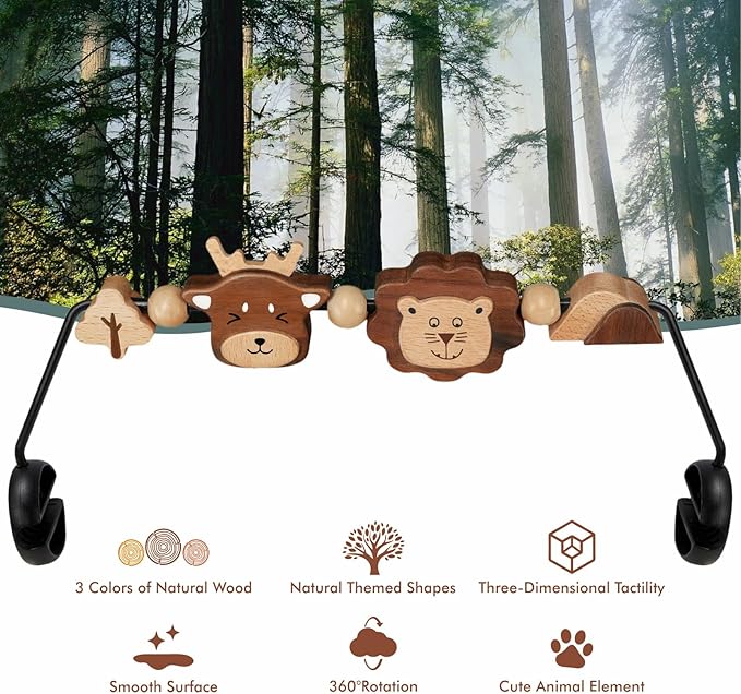 Three-Dimensional Baby Bjorn Bouncer Toy Bar, Toy for Baby Bouncer Soft & Bliss, Easy to Attach and Remove, 360°Rotating Natural Wooden Toys, Double-Sided Raised Design, Lion & Deer