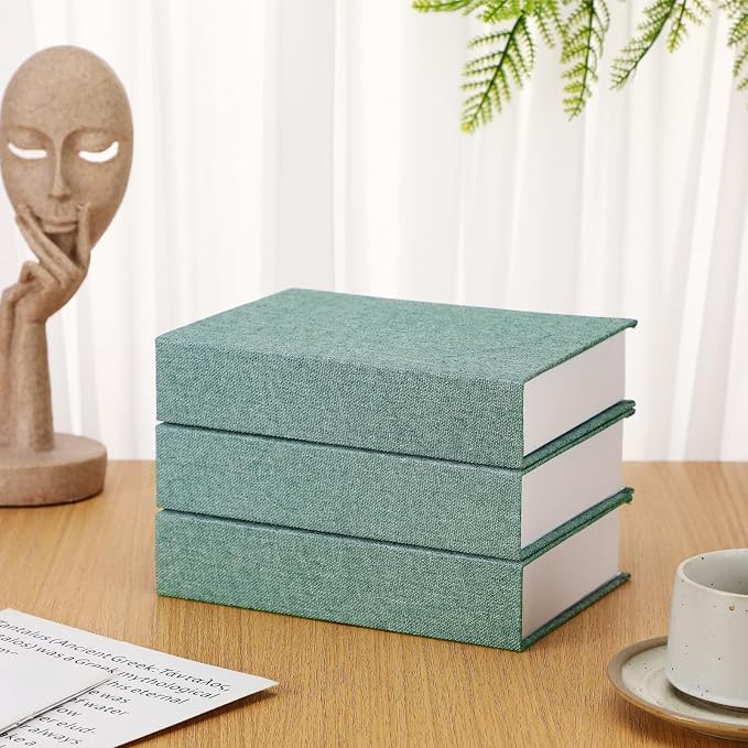 Tioncy 3 Pcs Decor Linen Faux Book Box Set Aesthetic DIY Fake Linen Book Box for Decor Storage Cafe Table Bookshelf Gift Home Keepsake(8.6 x 6.1 x 1.8 Inch,Green)