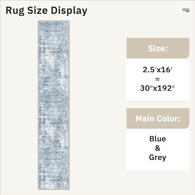 Soalmost Hallway Runner Rug 2'6" x 16' Kitchen Rugs Abstract Blue/Grey | Non-Slip Vintage Long Runners 2.5x16ft for Bathroom Entryway, Thin Low-Pile Foldable Floor Carpet Mat for Corridor Bedroom