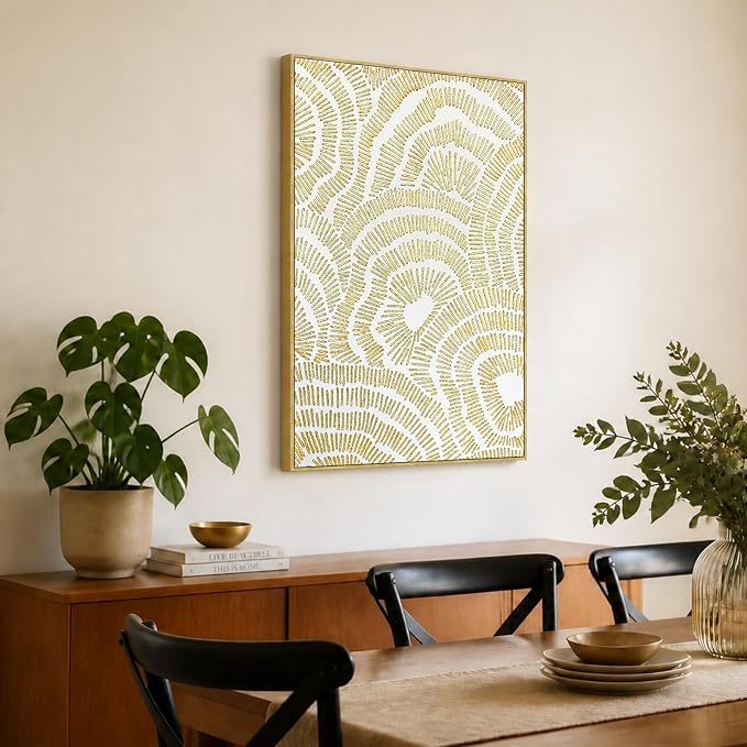 Zessonic Gold Abstract Large 3D Textured Hand Painted Wall Art, 24"x36" | Gold Foil Textured Flower Neutral Wall Decor Framed Modern Luxury Hand Painting Artwork for Home Living Room Bedroom Office