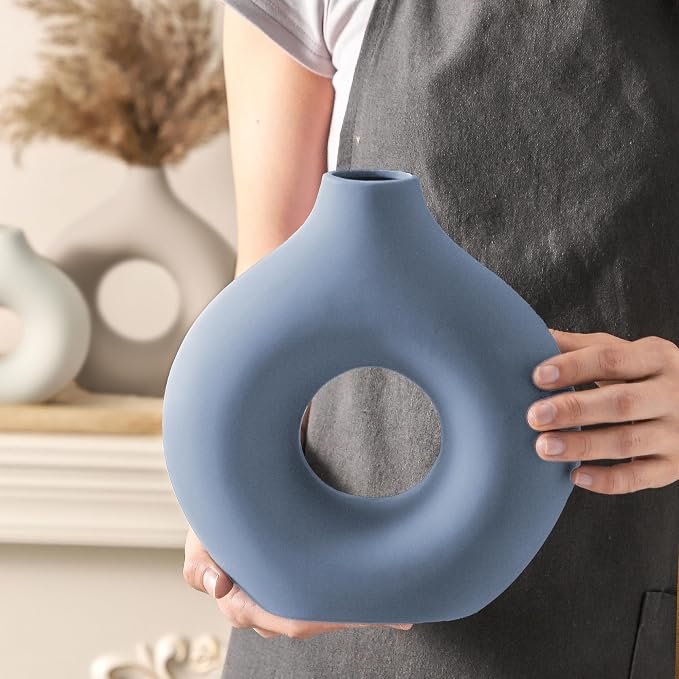 Vanselia Ceramic Vase Home Table Decor - Flower Vases Set of 3 Small Living Room Centerpiece Decorations for Shelf Bedroom Office Kitchen Dining Desk Modern Aesthetic Farmhouse Decorative (Blue)