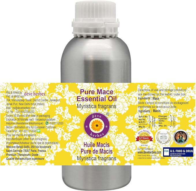 Deve Herbes Pure Mace Essential Oil (Myristica fragrans) Steam Distilled 630ml (21 oz)