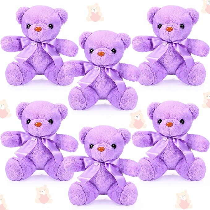 Aoriher 6 Pcs Bear Stuffed Animal Bulk Baby Shower Bear Plush Toys Soft Cute Sleeping and Playing Decorations for Kids Back to School Gift Baby Shower Birthday Party Favor(Purple)