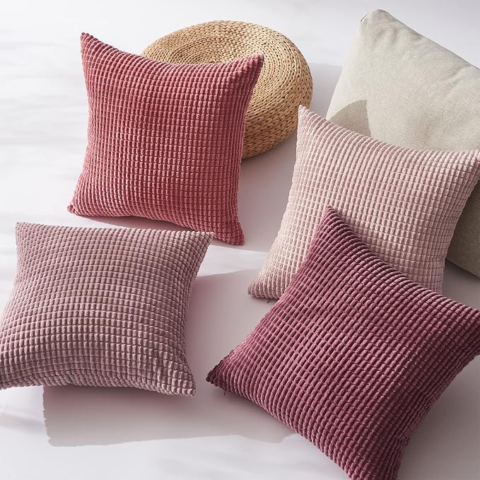 Topfinel 4 Packs Pink Decorative Throw Pillow Covers 24x24 Inch for Living Room Couch Bed Sofa, Boho Western Farmhouse Home Decor, Square Soft Moss Corduroy Fall Cushion Case 60x60 cm