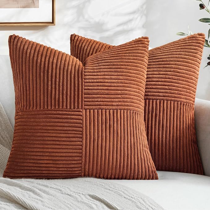 MIULEE Fall Rust Boho Decorative Throw Pillow Covers for Couch 16x16 Inch | 2 Pack, Boho Farmhouse Pillow Covers, Soft Cross Corduroy Patchwork Textured Cushion Cases For Bed Sofa