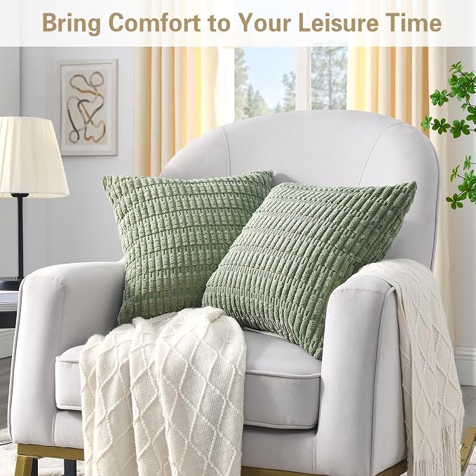Volcanics Pack of 2 Sage Green Decorative Throw Pillow Covers 24x24 Inch | Soft Corduroy Striped Square Cushion Cases, Modern Farmhouse Boho Home Decor for Spring Couch Bed Sofa Living Room