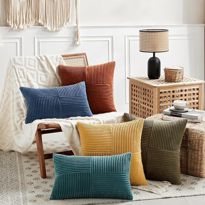 Fancy Homi 2 Packs Teal Decorative Throw Pillow Covers 18x18 Inch for Living Room Couch Bed Sofa, Rustic Farmhouse Boho Home Decor, Soft Corss Corduroy Patchwork Textured Square Cushion Case 45x45 cm
