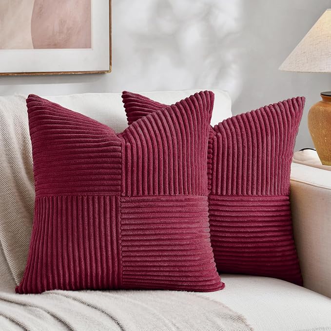 Fancy Homi 2 Packs Burgundy Samll Decorative Throw Pillow Covers 12x12 Inch with for Living Room Couch Bed, Rustic Farmhouse Boho Home Decor, Soft Corss Patchwork Corduroy Square Cushion Case 30x30 cm