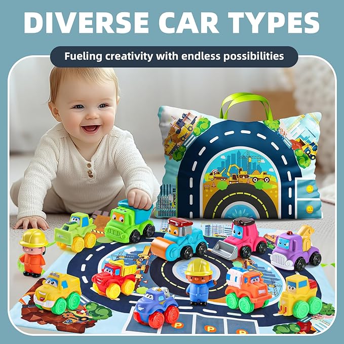 ALASOU 12 PCS Soft Rubber Car Toys for 1 Year Old Boy with Playmat/Storage Bag|1 Year Old Boy Gifts|1st Birthday Gifts for Toddler Toys Age 1-2|Baby Toys 12-18 Months
