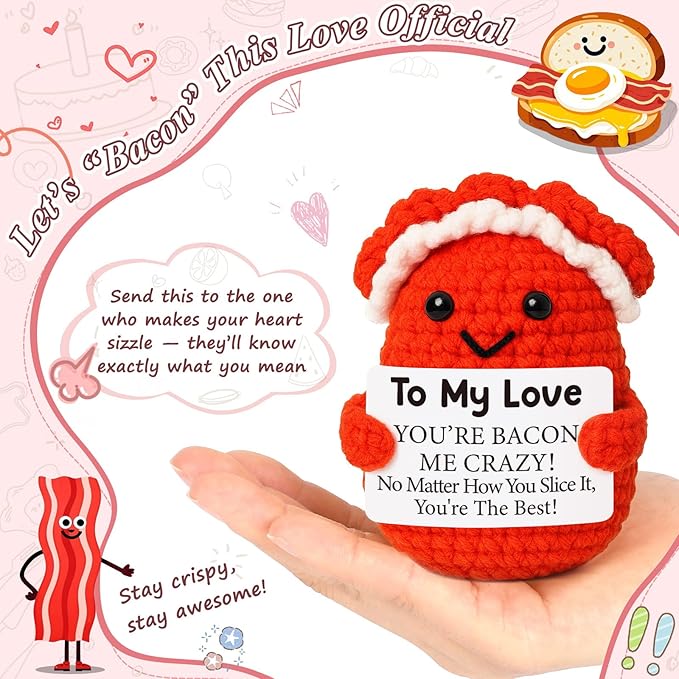 Mini Anniversary I Love You Gifts for Men Women Husband Boyfriend Girlfriend Wife to My Love Handmade Crochet Bacon for Birthday Valentines Wedding Anniversary for Him Her Couples