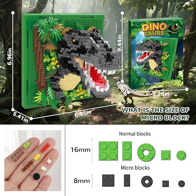 Dinosaur Animal 3D Wall Art Micro Mini Building Blocks Set, Unique Home Wall Decor or Table Display, No Compatible with Lego Set, Ideal Gift Toy for Adults Boys Girls (1263 PCS)