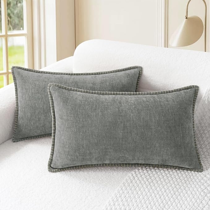 CaliTime Decorative Couch Throw Pillow Covers 20 X 12 Inches Medium Grey | Pack of 2, Cozy Chenille Cushion Cases, Cotton Thread Stitching Edges, for Sofa Bed Living Room Farmhouse
