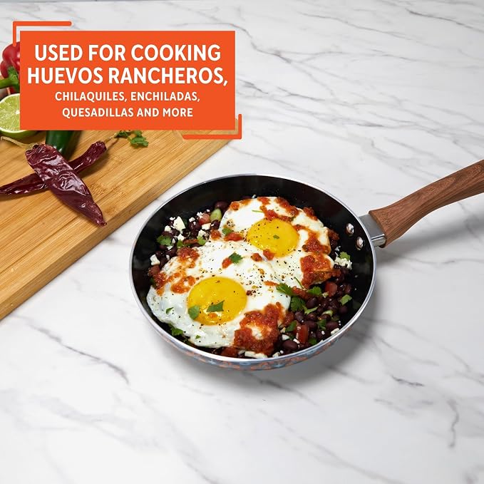 IMUSA 8 Inch Talavera Aluminum Black Ceramic Fry Pan with Woodlook Handle | Ceramic Nonstick, Glass Lid with Helper Handle, Deep Sauté Pan, Ideal for Family Cooking