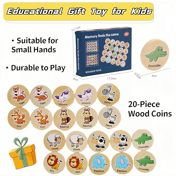 Memory Game for Kids, 20Pcs Wooden Flash Cards for Toddlers Memory Matching, Educational Animal Toys Preschooler Early Memory Practice Learning Travel Activities, Gifts for Boys Girls Age 3-6